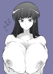 Rule 34 | 1girl, breasts, breasts squeezed together, cleavage, commentary request, deep skin, fingernails, fur, genderswap, genderswap (mtf), greyscale, huge breasts, long fingernails, long hair, marimo (yousei ranbu), monochrome, mousse (ranma 1/2), nipples, nude, purple background, purple theme, ranma 1/2, solo, straight hair, sweatdrop, translation request