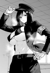 Rule 34 | 1girl, abs, armband, belt, bikini, bikini top only, black belt, black bikini, black hair, black hat, black jacket, black pants, blush, breasts, ceiling, cleavage, closed mouth, commentary request, covered erect nipples, cowboy shot, curtains, gakuran, gloves, greyscale, groin, hair between eyes, hair ornament, hairclip, hand on own hip, hand up, hat, highres, holding, holding clothes, holding hat, ice reizou, indoors, jacket, large breasts, long hair, looking at viewer, monochrome, navel, open clothes, open jacket, original, paid reward available, pants, school uniform, sidelocks, solo, standing, steam, stomach, swimsuit, underboob, white gloves, window