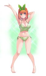 Rule 34 | 1girl, :d, arm behind head, armpits, arms up, bare arms, bare legs, bare shoulders, barefoot, bikini, blue eyes, blush, breasts, cleavage, commentary request, full body, go-toubun no hanayome, gradient background, green background, green bikini, green ribbon, grin, hair ribbon, highres, hikari no oukokumin, large breasts, looking at viewer, nakano yotsuba, navel, open mouth, orange hair, print bikini, ribbon, short hair, side-tie bikini bottom, smile, solo, sparkle, sparkling eyes, standing, stomach, swimsuit, teeth