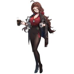Rule 34 | 1girl, ahoge, artist request, black choker, black footwear, black jacket, black pantyhose, black skirt, blush, braid, breasts, brown hair, choker, cleavage, coffee mug, collarbone, cup, english text, formal, full body, girls&#039; frontline, glasses, gun, hair ornament, hairclip, handgun, high heels, holding, holding cup, id card, jacket, jacket on shoulders, jewelry, long hair, looking at viewer, low twintails, medium breasts, mug, necklace, notepad, office lady, official alternate costume, official art, open mouth, pantyhose, red eyes, red shirt, rex zero 1 (girls&#039; frontline), rex zero 1 (late night tea) (girls&#039; frontline), shirt, simple background, skirt, skirt suit, smile, solo, standing, suit, teeth, transparent background, twintails, underwear, upper teeth only, weapon