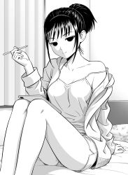 Rule 34 | 1girl, alternate hairstyle, arm support, breasts, camisole, closed mouth, collarbone, commentary request, curtains, empty eyes, feet out of frame, greyscale, hand up, highres, holding, holding stylus, ichikawa masahiro, indoors, jacket, long sleeves, looking at viewer, medium breasts, mima sachi, monochrome, on bed, open clothes, open jacket, pillow, short hair, short ponytail, shorts, sidelocks, single bare shoulder, sitting, smile, solo, strap slip, stylus, tablet pc, watashi ga motenai no wa dou kangaetemo omaera ga warui!, zipper