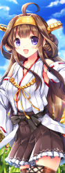 Rule 34 | 10s, 1girl, bare shoulders, blue sky, boots, brown hair, cloud, day, detached sleeves, double bun, field, flower, flower field, fukase ayaka, hair bun, hairband, headgear, japanese clothes, kantai collection, kongou (kancolle), long hair, nontraditional miko, open mouth, purple eyes, skirt, sky, smile, solo, sunflower, sunflower field, thigh boots, thighhighs, zettai ryouiki