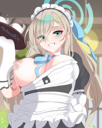 Rule 34 | 1girl, :d, absurdres, apron, asuna (blue archive), blonde hair, blue archive, blue eyes, breasts, collared shirt, elbow gloves, eyes visible through hair, gloves, hair over one eye, hair ribbon, highres, holding, holding tray, lactation, large breasts, long hair, looking at viewer, maid, maid apron, maid headdress, meganekai, milk, mole, mole on breast, neck ribbon, nipples, one breast out, one eye covered, open mouth, ribbon, shirt, smile, solo, sweat, tray