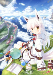 Rule 34 | 1girl, ahoge, animal ears, architecture, asymmetrical legwear, bag, belt buckle, blush, book, buckle, cloud, cloudy sky, day, eyebrows, feathers, floating island, fox ears, fox tail, gem, grass, hexagram, jacket, long hair, long sleeves, looking at viewer, misaki yuu, open book, open mouth, original, outdoors, potion, shadow, sitting, sky, sleeves past wrists, solo, staff, tail, test tube, thighhighs, uneven legwear, vial, white hair, windmill, yellow eyes