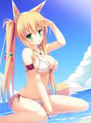 Rule 34 | 1girl, animal ears, arm strap, arm up, beach, bikini, blonde hair, blue background, blush, breasts, cleavage, cloud, collarbone, day, female focus, fox ears, fox tail, front-tie bikini top, front-tie top, gradient background, green eyes, head out of frame, highres, jewelry, large breasts, long hair, magatama, necklace, open mouth, original, outdoors, parted lips, sitting, sky, solo, sweat, swimsuit, tail, upper body, wariza, white bikini, yuzu modoki