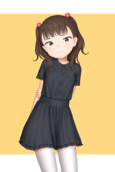Rule 34 | 1girl, absurdres, arms behind back, black dress, brown eyes, brown hair, child, commentary request, cowboy shot, dress, frilled dress, frills, hair bobbles, hair ornament, highres, looking at viewer, medium hair, orange background, original, sc naru, solo, standing, thighhighs, two-tone background, two side up, white thighhighs