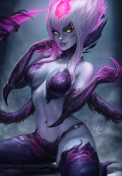 Rule 34 | 1girl, blade, blue skin, breasts, claws, cleavage, colored skin, dated, deviantart username, evelynn (league of legends), fiery hair, hair between eyes, hand on own cheek, hand on own face, highres, large breasts, league of legends, lips, looking at viewer, navel, parted lips, patreon username, pink lips, purple thighhighs, realistic, sciamano240, short hair with long locks, signature, sitting, slit pupils, smile, solo, thighhighs, white hair, yellow eyes