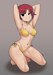 Rule 34 | 1girl, armpits, arms behind head, arms up, artist name, barefoot, bikini, black eyes, bob cut, breasts, cameltoe, cleavage, closed mouth, collarbone, commentary, english commentary, freckles, from side, full body, gez1313, grey background, groin, highres, kim pine, kneeling, looking at viewer, looking to the side, medium breasts, navel, red hair, ribs, scott pilgrim (series), shadow, short hair, side-tie bikini bottom, signature, simple background, smile, solo, swimsuit, thighs, toes, toned, yellow bikini