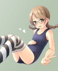 Rule 34 | 1girl, :d, bare arms, bare shoulders, blue one-piece swimsuit, blush, braid, breasts, brown hair, collarbone, commentary request, fang, feet out of frame, glasses, green background, green eyes, heart, highres, knees together feet apart, long hair, looking at viewer, low twintails, old school swimsuit, one-piece swimsuit, open mouth, original, red-framed eyewear, school swimsuit, shibacha, simple background, small breasts, smile, solo, striped clothes, striped thighhighs, swimsuit, thighhighs, twin braids, twintails