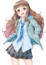 Rule 34 | 1girl, blue jacket, blue necktie, blue shirt, brown hair, commentary, hair down, hands in pockets, idolmaster, idolmaster cinderella girls, jacket, kamiya nao, long hair, looking at viewer, miri (ago550421), necktie, open mouth, plaid, plaid skirt, pleated skirt, red eyes, school uniform, shirt, signature, skirt, solo, striped necktie, striped neckwear, thick eyebrows
