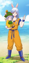 Rule 34 | 2girls, absurdres, alternate costume, animal ears, blue hair, blush, boots, braid, cosplay, dougi, dragon ball, dragon ball (object), dragonball z, hat, highres, hikimayu, hololive, long hair, looking at viewer, lsketchu, mother and daughter, multicolored hair, multiple girls, open mouth, parody, pekomama, rabbit ears, rabbit tail, red eyes, smile, son gohan, son gohan (cosplay), son goku, son goku (cosplay), streaked hair, tail, twin braids, usada pekora, virtual youtuber, white hair, wristband