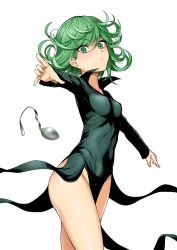 Rule 34 | 1girl, ass, bent spoon, black dress, bottomless, breasts, covered erect nipples, cowboy shot, curly hair, dress, flipped hair, floating, floating clothes, green eyes, green hair, haruhisky, highres, levitation, no panties, one-punch man, shiny skin, side slit, simple background, small breasts, solo, spoon, spoon bending, standing, tatsumaki, telekinesis, thighs, tight clothes, tight dress, white background