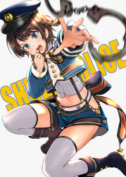 Rule 34 | 1girl, back bow, black footwear, blouse, blue eyes, blue jacket, blue shorts, boots, bow, braid, brown hair, commentary request, cropped jacket, cuffs, english text, eyebrows hidden by hair, full body, grey shirt, grey thighhighs, handcuffs, hat, highres, hip vent, holding, holding whistle, hololive, jacket, knee boots, long sleeves, looking at viewer, md5 mismatch, midriff, navel, on one knee, oozora subaru, oozora subaru (work), open mouth, police hat, pukara, resolution mismatch, ribbed shirt, shirt, short hair, short shorts, shorts, side braid, sidelocks, solo, source larger, striped clothes, striped shirt, suspender shorts, suspenders, teeth, thighhighs, throwing, upper teeth only, vertical-striped clothes, vertical-striped shirt, virtual youtuber, whistle, white background