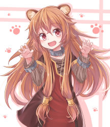 Rule 34 | 1girl, :d, absurdres, aisha (rfrm), animal ear fluff, animal ears, blush, brown hair, child, claw pose, collarbone, commentary request, cowboy shot, cuffs, dress, fang, hair between eyes, hands up, highres, long hair, long sleeves, looking at viewer, open mouth, partial commentary, paw print, raccoon ears, raccoon girl, raphtalia, red eyes, shackles, sidelocks, silhouette, smile, solo, standing, tate no yuusha no nariagari, very long hair, white background