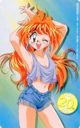 Rule 34 | 1990s (style), 1girl, ;d, anniversary, araizumi rui, armpits, arms up, casual, cowboy shot, denim, denim shorts, earrings, fringe trim, hoop earrings, jewelry, lina inverse, long hair, midriff, navel, not for sale, official art, one eye closed, open mouth, orange hair, red eyes, retro artstyle, shorts, slayers, smile, solo, tank top