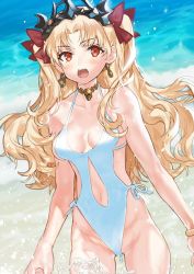 Rule 34 | 1girl, bad id, bad twitter id, blonde hair, blush, bracelet, breasts, collarbone, cowboy shot, crown, ereshkigal (fate), fate/grand order, fate (series), jewelry, kissai, long hair, looking at viewer, medium breasts, ocean, one-piece swimsuit, open mouth, parted bangs, red eyes, solo, swimsuit, tohsaka rin, two side up, wavy hair, white one-piece swimsuit