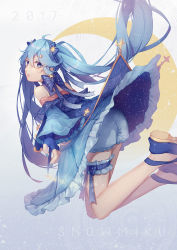 Rule 34 | 1girl, 2017, blue hair, character name, fingerless gloves, from side, gloves, hatsune miku, highres, long hair, looking at viewer, musical note, musical note print, nail polish, skirt, solo, twintails, very long hair, vocaloid, wand, wenz, yuki miku