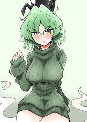Rule 34 | 1girl, absurdres, black hat, breasts, bright pupils, ghost tail, green eyes, green hair, green sweater, gurajio, hat, highres, large breasts, long sleeves, looking at viewer, short hair, simple background, sitting, soga no tojiko, solo, sweater, tate eboshi, touhou, white background, white pupils