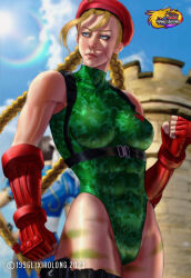 Rule 34 | 1996lixiaolong, 2girls, abs, bare shoulders, blonde hair, blue eyes, blue sky, braid, breasts, cammy white, capcom, castle, chun-li, cloud, fingerless gloves, gloves, head out of frame, highres, large breasts, leotard, long hair, multiple girls, short sleeves, sky, sleeveless, street fighter