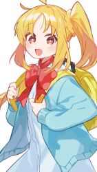 1girl :d ahoge backpack bag blonde_hair blue_jacket blush bocchi_the_rock! bow bowtie brown_eyes commentary_request dress holding_strap ijichi_nijika jacket kanyoko_(yuzukano_17) long_hair long_sleeves looking_at_viewer open_clothes open_jacket open_mouth red_bow red_bowtie side_ponytail sidelocks simple_background smile solo standing very_long_hair white_background white_dress yellow_bag