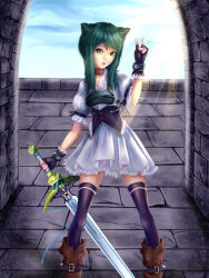 Rule 34 | 1girl, 1other, absurdres, alternate eye color, alternate hair color, animal ears, aqua eyes, aqua fur, aqua hair, armor, belt, belt boots, black belt, black gloves, black thighhighs, blue sky, body armor, boots, breastplate, brown choker, brown footwear, cat ears, cat girl, chest armor, chest plate, choker, cloud, cloudy sky, cowboy boots, day, dress, feet out of frame, fingerless gloves, fran (tensei shitara ken deshita), gloves, hand up, highres, holding, holding sword, holding weapon, leather, leather belt, leather boots, nose, parted lips, pink lips, puffy sleeves, quist-may, realistic, shishou (tensei shitara ken deshita), short sleeves, sky, standing, sunlight, sword, teeth, tensei shitara ken deshita, thighhighs, thighs, v, weapon, white dress