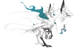 Rule 34 | animal ear fluff, animal ears, animal focus, blue eyes, claws, commentary, extra eyes, fangs, feathered wings, from side, full body, highres, horns, microw, monster, multiple legs, no humans, open mouth, original, simple background, solo, standing, symbol-only commentary, tail, talons, unfinished, white background, wings