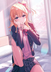 Rule 34 | 1girl, bare legs, black jacket, black socks, blazer, blonde hair, blue skirt, blush, bow, bowtie, character request, collared shirt, copyright request, hair between eyes, highres, jacket, knee up, koh rd, light rays, long hair, long sleeves, looking at viewer, official art, on bed, one side up, plaid, plaid skirt, pleated skirt, red bow, red bowtie, red eyes, school uniform, shirt, sitting, skirt, smile, socks, solo, striped bow, striped bowtie, striped clothes, sunbeam, sunlight, white shirt