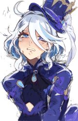 Rule 34 | 1girl, ascot, black ascot, blue eyes, blue gloves, blue hair, blue hat, blue jacket, crying, crying with eyes open, frown, furina (genshin impact), genshin impact, gloves, hair between eyes, hair intakes, hat, highres, jacket, looking at viewer, milk (umimintsune), multicolored hair, simple background, sketch, solo, streaked hair, tears, top hat, upper body, white background
