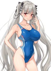 Rule 34 | 1girl, amagi (amagi626), arm behind back, azur lane, black nails, blue one-piece swimsuit, blush, breasts, cleavage, collarbone, commentary request, competition swimsuit, covered navel, cowboy shot, earrings, formidable (azur lane), grey hair, hand on own face, highres, jewelry, large breasts, long hair, looking at viewer, nail polish, one-piece swimsuit, red eyes, simple background, smile, solo, swimsuit, taut clothes, taut swimsuit, twintails, very long hair, white background
