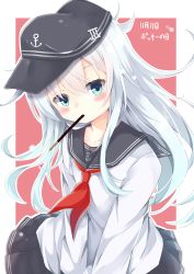 Rule 34 | 1girl, anchor symbol, black hat, black skirt, blush, collarbone, commentary request, dated, flat cap, food, food in mouth, hair between eyes, hat, head tilt, hibiki (kancolle), kantai collection, long hair, long sleeves, looking at viewer, mouth hold, neckerchief, pink background, pleated skirt, pocky, pocky day, red neckerchief, school uniform, serafuku, shirt, silver hair, simple background, siroyuki, skirt, solo, translation request, two-tone background, very long hair, white background, white shirt