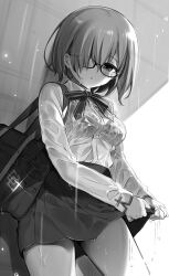 Rule 34 | 1girl, asymmetrical bangs, bag, blush, bow, bowtie, bra, breasts, collared shirt, cowboy shot, fate/grand order, fate (series), glasses, greyscale, hair over one eye, hanabana tsubomi, highres, long sleeves, looking down, mash kyrielight, monochrome, parted lips, rain, school bag, school uniform, see-through, see-through shirt, shirt, shirt tucked in, short hair, skirt, small breasts, solo, underwear, wet, wet clothes, wringing clothes