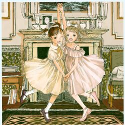 Rule 34 | 2girls, black eyes, blonde hair, brown hair, dancing, dress, eikoh, fireplace, green eyes, highres, holding hands, indoors, lower teeth only, multiple girls, one eye closed, open mouth, original, pink dress, ponytail, short twintails, sketch, smile, teeth, twintails, victorian, yellow dress