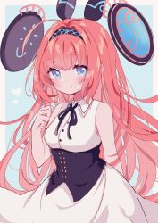 Rule 34 | 1girl, ahoge, bare arms, bare shoulders, black hairband, black ribbon, blue background, blue eyes, blush, breasts, brown hair, closed mouth, collared shirt, grey background, hair intakes, hairband, hand up, headgear, heart, highres, karunabaru, lishenna omen of destruction, long hair, neck ribbon, ribbon, shadowverse, shirt, skirt, sleeveless, sleeveless shirt, small breasts, smile, solo, two-tone background, underbust, very long hair, white shirt, white skirt