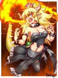 Rule 34 | armlet, artist name, bare shoulders, black collar, black dress, black nails, black thighhighs, blonde hair, blue eyes, bowsette, bracelet, breasts, breath weapon, breathing fire, brooch, cleavage, collar, collarbone, crown, dress, eyebrows, fangs, fingernails, fire, full body, hair between eyes, hands up, highres, hitomori, horns, jewelry, long hair, looking at viewer, mario (series), nail polish, navel, new super mario bros. u deluxe, nintendo, open mouth, pointy ears, sharp fingernails, sidelocks, solo, sparks, spiked armlet, spiked bracelet, spiked collar, spiked shell, spiked tail, spikes, stomach, strapless, strapless dress, super crown, tail, thighhighs, torn clothes, torn dress, turtle shell, v-shaped eyebrows, zettai ryouiki