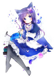 Rule 34 | animal ears, bad id, bad pixiv id, black pantyhose, book, book stack, butterfly hair ornament, cat ears, cat tail, dress, flower, frilled dress, frills, globe, hair flower, hair ornament, hairclip, highres, jewelry, long sleeves, looking at viewer, necklace, no shoes, original, pantyhose, purple eyes, purple hair, scales, sitting, solo, tail, tsukiyo (skymint), vial