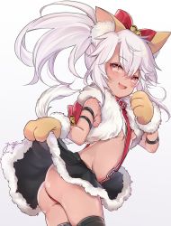 Rule 34 | 1girl, :d, animal ears, animal hands, ass, bad id, bad pixiv id, bare shoulders, bell, black skirt, black thighhighs, blush, bow, brown eyes, cat ears, chloe von einzbern, clothes lift, collar, dark-skinned female, dark skin, fang, fate/kaleid liner prisma illya, fate (series), fur-trimmed skirt, fur trim, gloves, gradient background, grey background, hair between eyes, hair bow, jingle bell, lifting own clothes, long hair, o-ring, open mouth, paw gloves, red bow, signature, silver hair, skirt, skirt lift, smile, solo, standing, thighhighs, white background, yukimiya yuge