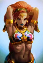 Rule 34 | 1girl, armlet, armpits, arms behind head, arms up, bad id, bad pixiv id, bare shoulders, blue eyes, blue lips, closed mouth, dark-skinned female, dark skin, earrings, expressionless, eyebrows, eyelashes, eyeliner, gerudo, highres, hoop earrings, jewelry, lipstick, long hair, looking at viewer, makeup, midriff, muscular, muscular female, navel, nintendo, nose, pointy ears, red hair, ribs, solo, stomach, swept bangs, the legend of zelda, the legend of zelda: breath of the wild, tiara, toned, ug (ugg), upper body, urbosa