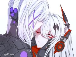 Rule 34 | 01pado pado, 2girls, alpha (punishing: gray raven), bandaid, bandaid on cheek, bandaid on face, grey eyes, grey hair, hair ornament, hair over eyes, hands on another&#039;s face, headgear, headphones, imminent kiss, long hair, lucia: crimson abyss (punishing: gray raven), mechanical hands, mechanical parts, medium hair, multiple girls, one eye closed, punishing: gray raven, red scarf, rosetta (punishing: gray raven), scarf, two side up, white background, x hair ornament, yuri