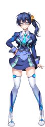 Rule 34 | 1girl, blue eyes, blue hair, breasts, detached sleeves, full body, glasses, hair ornament, hand on own hip, large breasts, long hair, long sleeves, looking at viewer, necktie, official art, side ponytail, simple background, skirt, smile, solo, sora no kanata no dystopia x shitei, thighhighs, transparent background, zettai ryouiki