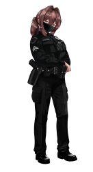 Rule 34 | 1girl, absurdres, belt, black footwear, black pants, body cam, breast pocket, breasts, brown hair, collared shirt, commentary, covered mouth, day, english commentary, glock, gun, hair tie, handgun, highres, jizi, long hair, looking at viewer, los angeles police department, mask, medium breasts, mouth mask, name tag, orange eyes, original, outdoors, pants, pocket, police, police uniform, policewoman, ponytail, shirt, simple background, solo, standing, tactical clothes, uniform, utility belt, weapon, white background