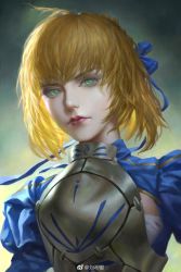 Rule 34 | 1girl, ahoge, armor, armored dress, artoria pendragon (fate), blonde hair, blue ribbon, buchuo liu, closed mouth, fate/grand order, fate (series), green eyes, green pupils, hair ribbon, highres, lips, looking at viewer, md5 mismatch, nose, red lips, ribbon, saber (fate), solo