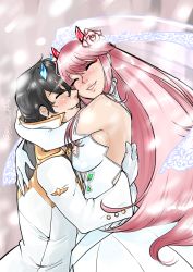 Rule 34 | 10s, 1boy, 1girl, arm over shoulder, backless dress, backless outfit, black hair, blossomppg, blue horns, breasts, bridal veil, cherry blossoms, closed eyes, commentary, couple, darling in the franxx, dress, elbow gloves, english commentary, flower, formal, gloves, gold trim, hair flower, hair ornament, hand on another&#039;s back, height difference, hetero, highres, hiro (darling in the franxx), horns, hug, long hair, medium breasts, oni horns, petals, pink hair, red horns, short hair, signature, sleeveless, sleeveless dress, suit, tree, veil, wedding, wedding dress, white dress, white gloves, white suit, zero two (darling in the franxx)