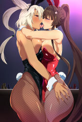 Rule 34 | 2girls, absurdres, alternate costume, alternate eye color, animal ears, arm around neck, black leotard, blue eyes, breast press, breasts, brown hair, dark-skinned female, dark background, dark skin, detached collar, fake animal ears, fake tail, fishnet pantyhose, fishnets, flower, french kiss, grey hair, hair between eyes, hair flower, hair ornament, half-closed eyes, hand on another&#039;s shoulder, highres, kantai collection, kiss, large breasts, leotard, long hair, moroheiya (moroheiya-works), multiple girls, musashi (kancolle), open mouth, pantyhose, playboy bunny, poker chip, rabbit ears, rabbit tail, red eyes, red leotard, saliva, saliva trail, symmetrical docking, tail, thigh grab, thighs, tongue, tongue out, very long hair, white wrist cuffs, wrist cuffs, yamato (kancolle), yuri
