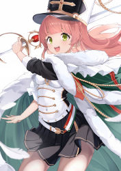 Rule 34 | 1girl, absurdres, azur lane, black skirt, blunt bangs, buttons, cloak, commentary, covered navel, double-breasted, fur-trimmed cloak, fur trim, green cloak, green eyes, hat, highres, holding, holding sword, holding weapon, looking at viewer, medium hair, open mouth, pink hair, pleated skirt, pompeo magno (azur lane), rapier, shako cap, skirt, smile, soar sora222, solo, standing, sword, teeth, upper teeth only, weapon