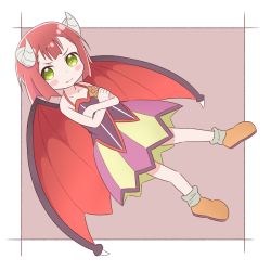 Rule 34 | 1girl, blush stickers, commentary, crossed arms, demon wings, dress, endro!, fang, fang out, full body, green eyes, horns, mao (endro!), red hair, short hair, simple background, solo, spaghetti strap, wings