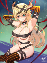 Rule 34 | 1girl, aqua eyes, armpits, arms behind head, bandages, blonde hair, breasts, cleavage, detached collar, elbow gloves, eyeliner, gloves, highres, horns, long hair, looking at viewer, makeup, navel, original, revealing clothes, sitting, smile, solo, striped clothes, striped thighhighs, thighhighs, vertical-striped clothes, vertical-striped thighhighs, wolksheep