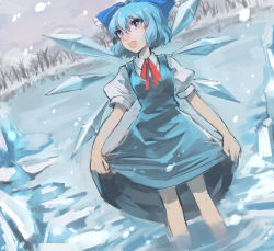 Rule 34 | 1girl, 74 (teduka), absurdres, blue eyes, blue hair, cirno, cloud, cloudy sky, forest, hair ribbon, highres, ice, ice wings, matching hair/eyes, nature, ribbon, sky, snowing, soaking feet, solo, touhou, wading, water, wings
