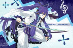 Rule 34 | 1boy, ahoge, blue eyes, hand fan, japanese clothes, kamui gakupo, long hair, male focus, musical note, ponytail, purple hair, solo, sunday31, sword, vocaloid, weapon