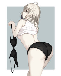 Rule 34 | 1girl, ahoge, arched back, ass, black bra, bra, braid, breasts, clothes lift, colored skin, fate/grand order, fate (series), from behind, grey eyes, highres, holding, holding bra, holding clothes, holding underwear, jeanne d&#039;arc (fate), jeanne d&#039;arc alter (avenger) (fate), jeanne d&#039;arc alter (fate), long braid, looking at viewer, looking back, medium breasts, mouth hold, niii (memstapak), shirt, shirt lift, sideboob, silver hair, single braid, sleeveless, sleeveless shirt, solo, underwear, white shirt, white skin