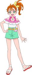 Rule 34 | 1girl, :d, artist request, bare arms, bare legs, bow, brown hair, full body, green eyes, green shorts, hair bow, hand on own hip, highres, jewelry, looking at viewer, natsuumi manatsu, official art, open mouth, precure, ring, sandals, shirt, short hair, shorts, side ponytail, simple background, smile, solo, standing, tropical-rouge! precure, white background, white shirt, yellow bow